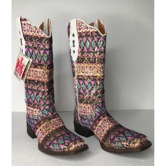 NEW Tanner Mark Cowboy Western Boot TML37001 Purple Serape Aztec Glitter Sz 7.5 - Picture 4 of 16
